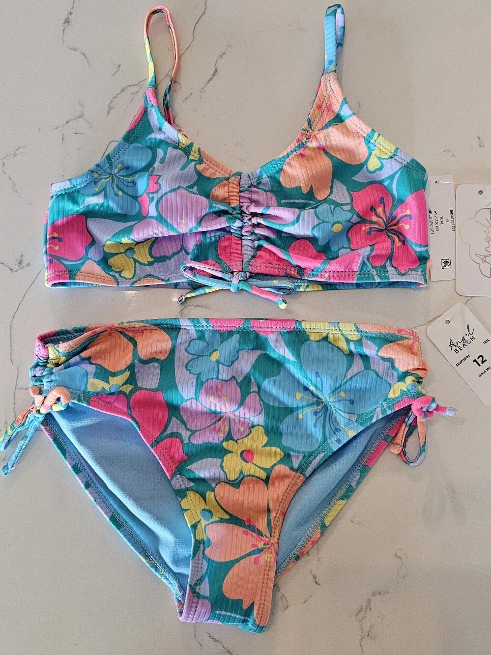 Angel Girl's Floral Two-Piece Swim Suit Teal Pink Orange Yellow Size 12 & 16 NWT